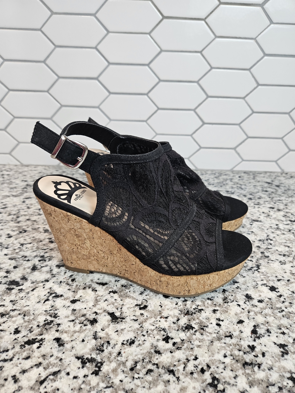 Black Lace Cork Wedge Slingback Sandals - Comfortable Dressy Wedges Size 7.5